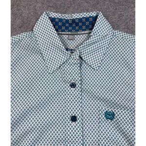 Cinch Womens Small Teal White Geometric Print Button Down Western Shirt Long Slv